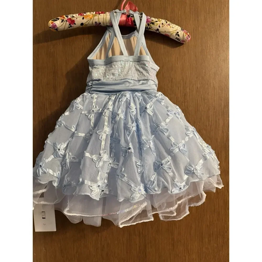 Weissman light blue sequin halter dance costume floral applique SZ XSC TUTU